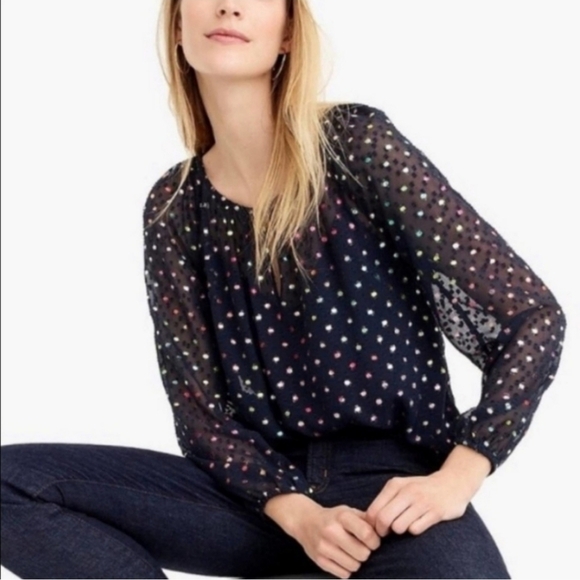 J. Crew, Semi-Sheer Chiffon Swiss Dot‎ Blouse, Navy/Metallic Rainbow, Size XS - Picture 2 of 11